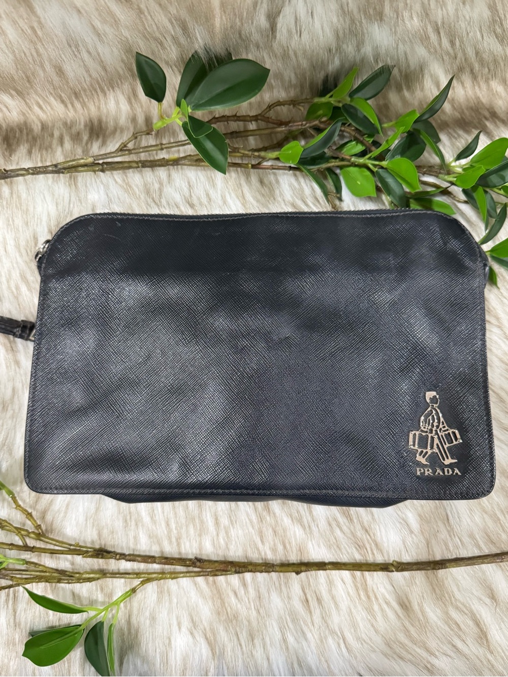 Prada Black Saffiano Leather Porter Clutch with Silver Logo